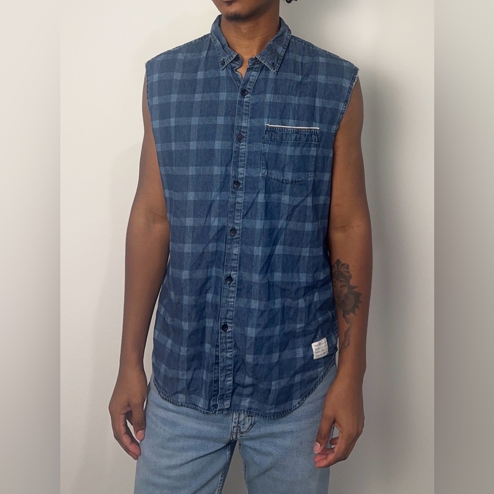 Men’s Adam Levine Plaid Muscle Denim Medium Streetwear Casual Shirt